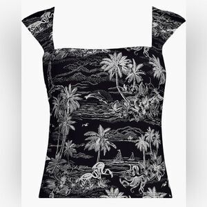 Land's End Plus Size Square Neck Back underwire tankini Black tropical scene Var